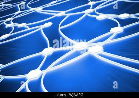 Glänzende Punkte mit Linien auf blauem Hintergrund verbunden Stockfoto