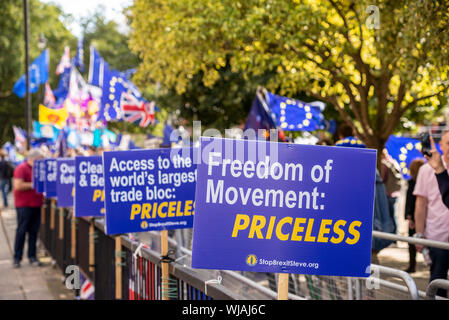 Wie das Parlament wieder aufgenommen nach der Sommerpause Demonstranten vor gesammelt haben, demonstrieren gegen Premierminister Boris Johnson die Entscheidung des Parlaments vor der Brexit Datum des 31. Oktober auszusetzen. Viele glauben, dass die vertagen wird "No Deal" Brexit zu unbeanstandet zulassen. Viele verlangen auch eine allgemeine Wahl, ein Ende der Sparmaßnahmen und für ein zweites Referendum auf Brexit Stockfoto