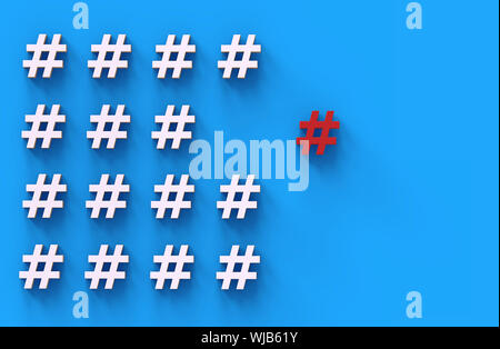 Gruppe der hashtag Symbol auf blauem Hintergrund isoliert. 3D-Darstellung. Stockfoto