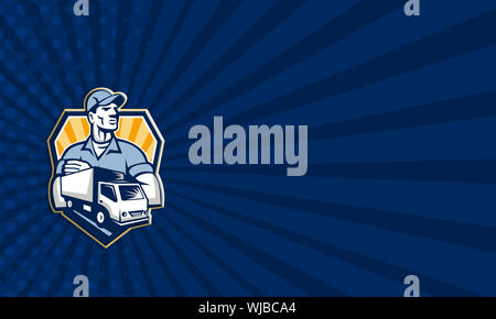 Visitenkarte Vorlage Illustration einer Entfernung Mann Lieferung Kerl mit beweglichen LKW van im Vordergrund im Inneren Schild Wappen im retro-Stil gemacht. Stockfoto