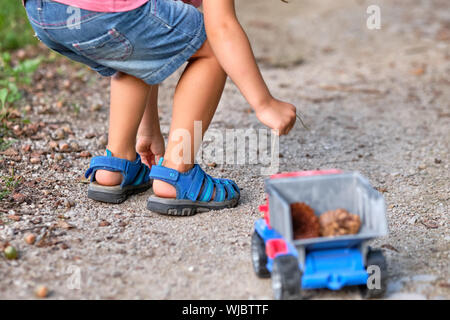 Rückansicht des unteren Abschnitt von einem 3-4 jährigen Kind in kurzen Hosen im Sommer die Ernte herauf etwas vom Boden in eine Spielzeug-LKW zu setzen Stockfoto