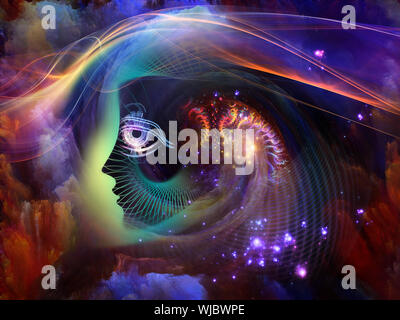 Geometrie der Seele-Serie zwei. Anordnung der menschlichen Profil und abstrakte Elemente zum Thema Spiritualität, Wissenschaft, Kreativität und menschliche Geist Stockfoto