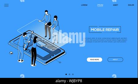 Mobile Instandsetzung - Line Design Stil isometrische Web Banner Stock Vektor