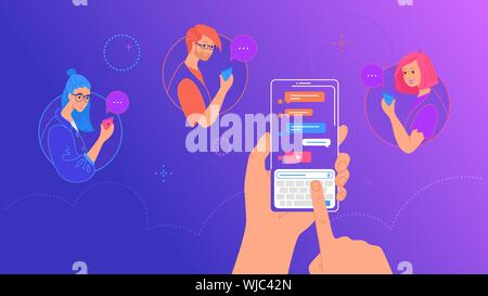 Die menschliche Hand hält smart phone mit Messenger app und Tastatur auf dem Bildschirm. Gradient Vector Illustration von Menschen über Mobile Smartphone SMS group m Stock Vektor