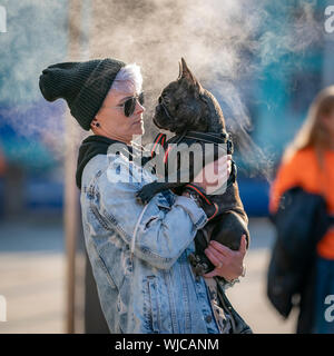 Frau mit eine französische Bulldogge, ein Dampfbad im Hintergrund, Menningarnott oder kulturellen Tag, Reykjavik, Island. Stockfoto