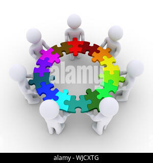 3D Menschen halten verbundene Puzzleteile, die einen Kreis bilden Stockfoto