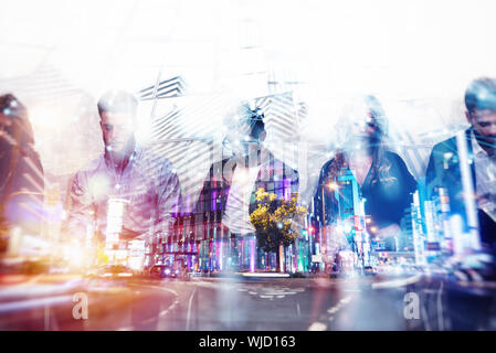 Abstrakte Geschäft Hintergrund Konzept mit Double Exposure und Netzwerkeffekte Stockfoto