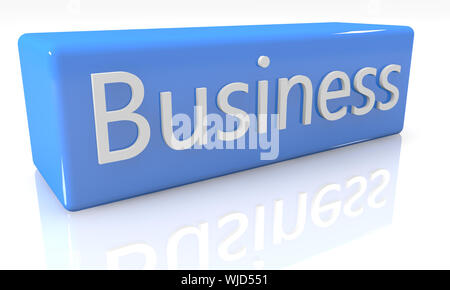 3D-Render blue box mit Text auf es auf weißem Hintergrund mit Reflektion Stockfoto