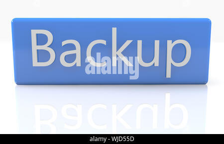 3D-Render blue box mit Text Backup auf es auf weißem Hintergrund mit Reflektion Stockfoto