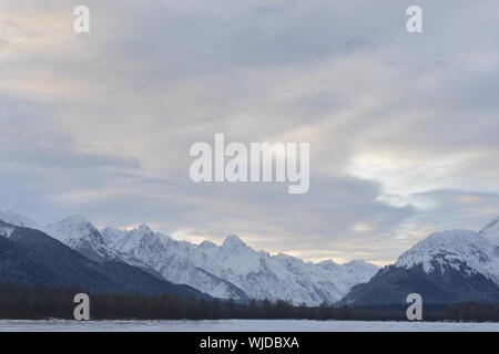 Schneebedeckte Berge in Alaska. Chilkat State Park. Mud Bay. HAINES. Alaska. USA Stockfoto