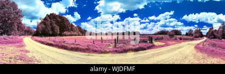 Schöne rosa und lila Infrarot Panorama einer europäischen Landschaft Landschaft mit einem blauen Himmel Stockfoto