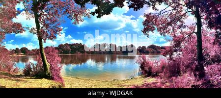 Schöne rosa und lila Infrarot Panorama einer europäischen Landschaft Landschaft mit einem blauen Himmel Stockfoto
