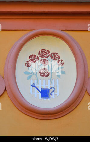 Detail eines Hauses in der mittelalterlichen Altstadt innerhalb der Zitadelle. Ein Unesco Weltkulturerbe. Sighisoara, Siebenbürgen. Rumänien Stockfoto