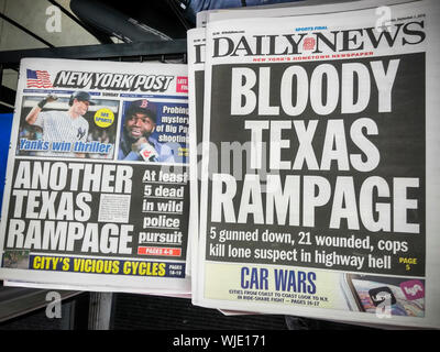 Titelseiten der New Yorker Zeitung am Sonntag, 1. September 2019 Bericht über die Masse der vorherigen Tage shooting Midland und Odessa, TX. (© Richard B. Levine) Stockfoto
