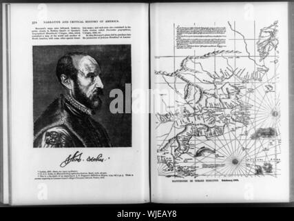 Kopf und Schultern Portrait von Abraham Ortelius, flämische Kartograph und Geograph, nach rechts (links); und ein Detail der Mercator Weltkarte von 1569 (rechts) Stockfoto