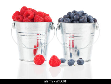 Heidelbeeren und Himbeeren Beeren in einem Blecheimer isoliert auf weißem Hintergrund Stockfoto