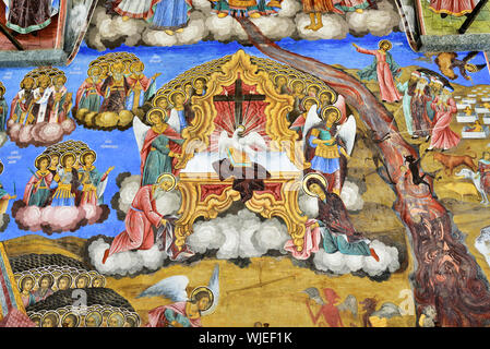 Fresken von Zahari Zograf in das Äußere der Geburtskirche. Kloster Rila. Bulgarien Stockfoto