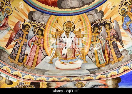 Fresken von Zahari Zograf in das Äußere der Geburtskirche. Kloster Rila. Bulgarien Stockfoto