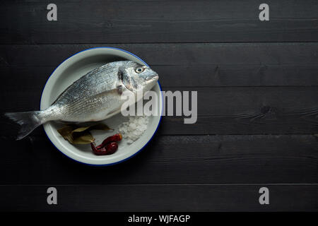 Sparus aurata Vergoldeten in Weiß Platte auf dunklem Hintergrund. Platz kopieren Stockfoto
