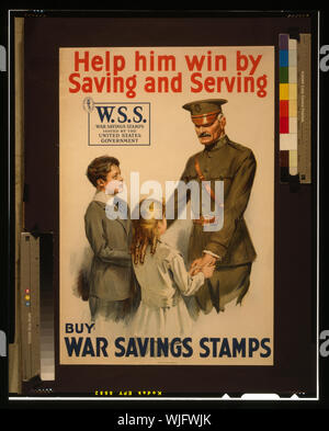 Helfen Sie ihm Gewinn durch Einsparung und servieren - Krieg Einsparungen Briefmarken abstrakt Kaufen: Poster, auf dem ein Soldat solemly umklammern die Hände von zwei Kindern. Stockfoto