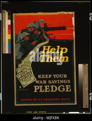 Helfen Sie ihnen, - halten Sie ihren Krieg Einsparungen versprechen Abstract: Poster mit Maschine Soldaten feuern Kanonen, mit Stream des Krieges Einsparungen Briefmarken bilden die Patrone. Stockfoto