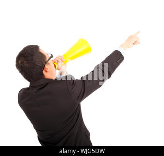 Geschäftsmann nach vorne zeigen mit Jubel Megaphon Stockfoto