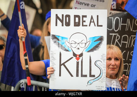 Westminster, London, 03. Sep 2019. Pro- und Anti-Brexit Demonstranten Rallye rund um Parlament und College Green in Westminster am Tag Parlament kehrt aus der Aussparung. Stockfoto