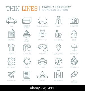 Sammlung von Reisen und Urlaub dünne Zeile für Symbole Stock Vektor