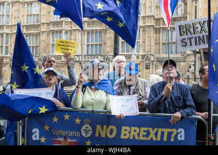 College Green, London, UK. 3. September 2019. Pro-Europe Demonstranten zeigt außerhalb der Häuser des Parlaments. Der Premierminister, Boris Schwartz steht vor einer Rebellion durch konservative Abgeordnete über die Pläne der britischen effektiv zu blockieren die EU verlassen, ohne ein Abkommen am 31. Oktober. Die Tories Rebellen einen Antrag im Parlament für eine neue Gesetzgebung Brexit bis Januar 2020 zu verzögern. Es sei denn, die Regierung stimmt Kein-deal beenden oder ein neues Widerrufsrecht Abkommen mit der EU. Stockfoto