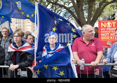 College Green, London, UK. 3. September 2019. Bleiben Demonstranten zeigen gegenüber der Commons. Der Premierminister, Boris Schwartz steht vor einer Rebellion durch konservative Abgeordnete über die Pläne der britischen effektiv zu blockieren die EU verlassen, ohne ein Abkommen am 31. Oktober. Die Tories Rebellen einen Antrag im Parlament für eine neue Gesetzgebung Brexit bis Januar 2020 zu verzögern. Es sei denn, die Regierung stimmt Kein-deal beenden oder ein neues Widerrufsrecht Abkommen mit der EU. Stockfoto