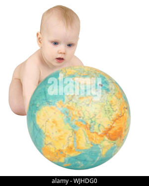 Baby mit der geographischen Globus auf weißem Hintergrund Stockfoto