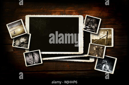 Schrott - Buchung Hintergrund auf dunklem Holz mit Fotos Stockfoto