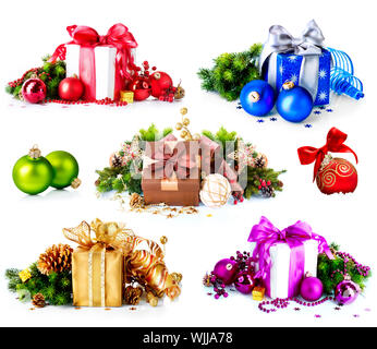 Weihnachten. Collage aus bunten Silvester Geschenke und Dekorationen Stockfoto