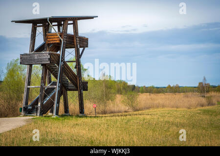 Aussichtsturm und-Plattform zur Vogelbeobachtung im Vogelparadies Weidmoos, Salzburg, Österreich Stockfoto