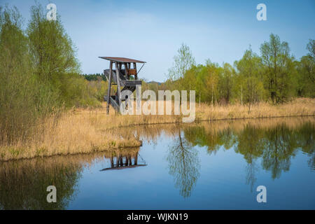 Aussichtsturm und-Plattform zur Vogelbeobachtung im Vogelparadies Weidmoos, Salzburg, Österreich Stockfoto