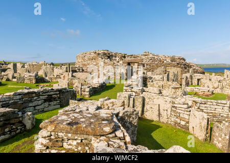 Broch von Gurness Eingang Orkney Inseln, Schottland. Ein broch ist eine abgerundete Eisen Alter Turm einzigartige nach Schottland. Stockfoto