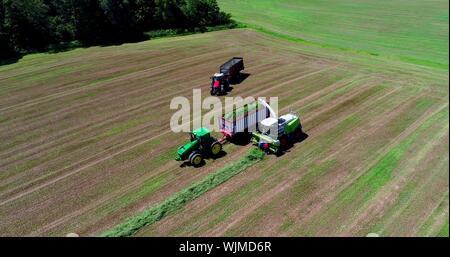 Luftaufnahme von Massey Ferguson 1880 Traktor ziehen Ladewagen, mit Claas Jaguar 940 Feldhäcksler auf Farm Luzerne Feld Monroe, Wisconsin, USA Stockfoto