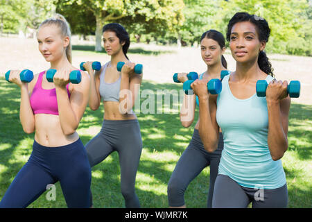 Zuversichtlich, dass multiethnische sportliche Frauen heben weoghts in Park Stockfoto