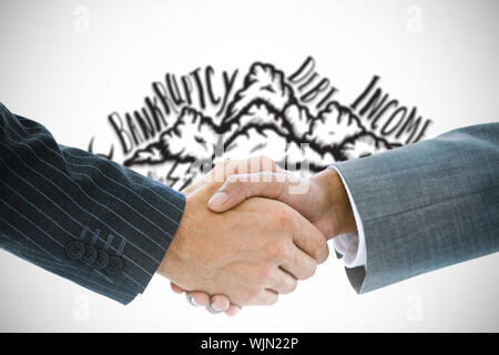 Das zusammengesetzte Bild im Business Handshake gegen Sechsecke auf blauem Hintergrund Stockfoto