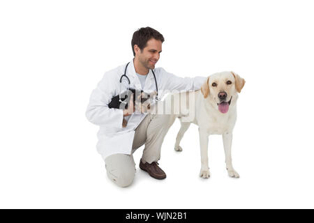 Happy Tierarzt mit Yorkshire Terrier und gelben Labrador posiert auf weißem Hintergrund Stockfoto