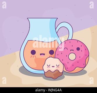 Cute Teekanne mit lecker Essen kawaii Stil Vector Illustration Design Stock Vektor