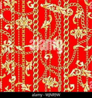Golden blüht und Ketten auf hellen roten Hintergrund gemischt. Trendy retro nahtlose Muster. Stock Vektor