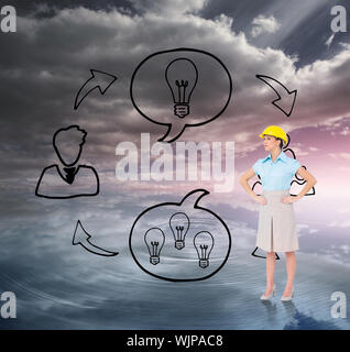 Schwerwiegende attraktive Architekt gegen business plan auf bunten Horizont posing Stockfoto