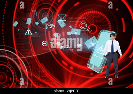 Traurig Kaufmann seine leeren Taschen gegen glänzende rote Kreise auf schwarzem Hintergrund Stockfoto