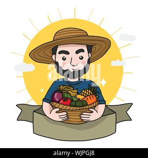 Famer mit Obst und Gemüse Warenkorb cartoon Label logo Vector Illustration doodle Stil Stock Vektor