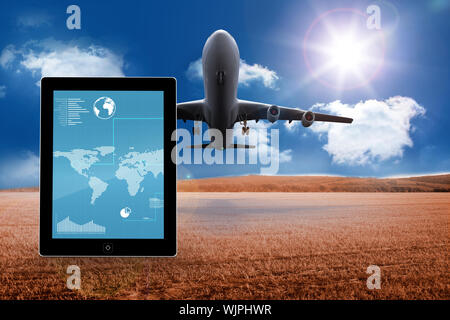 Karte auf Tablet Bildschirm gegen 3d-Flugzeug über Kornfeld Stockfoto