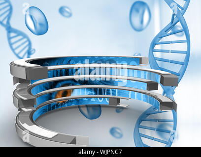 Der binäre Code auf abstrakten Bildschirm gegen den blauen Chromosomen auf blauem Hintergrund Stockfoto