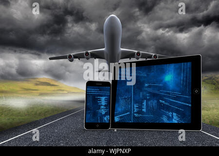 Schnittstelle auf Tablet-PC und Smartphone Abschirmungen gegen 3d-Flugzeug auf Straße Stockfoto