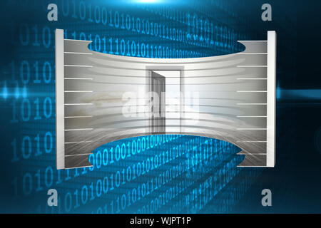 Tür in Wolken auf abstrakten Bildschirm gegen Glänzende blaue binären Code auf schwarzem Hintergrund öffnen Stockfoto