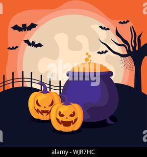 Kürbisse mit Kessel von Hexe in halloween Szene Vector Illustration Design Stock Vektor